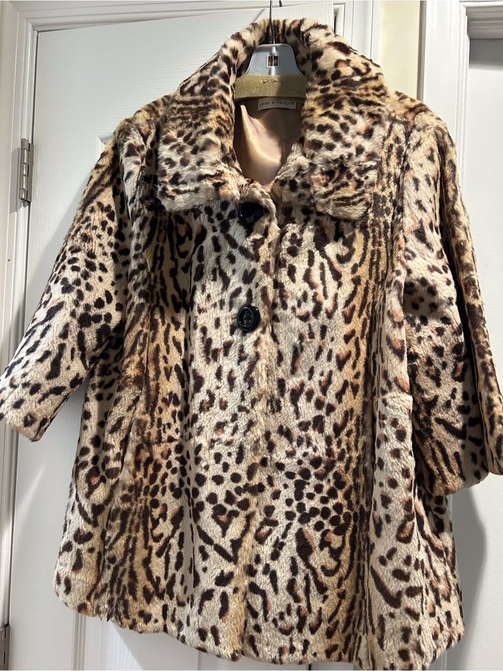 Lord & Taylor Leopard-Print Swing Fur Teddy Jacket in Tan and Brown
